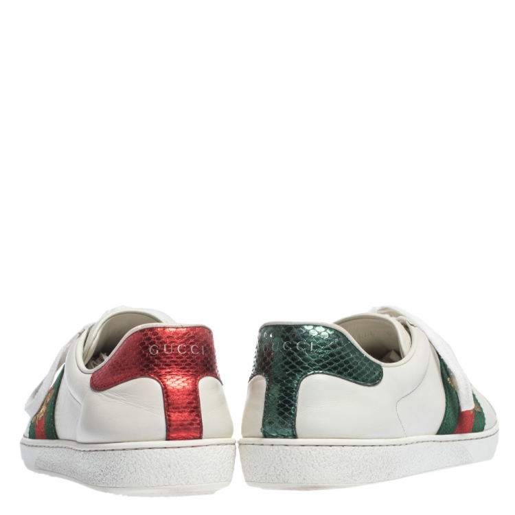 Pre Owned Gucci White Leather Ace Bee Web Low Top Sneakers Size 42