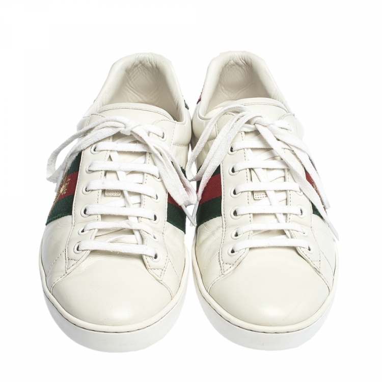 Pre Owned Gucci White Leather Ace Bee Web Low Top Sneakers Size 42