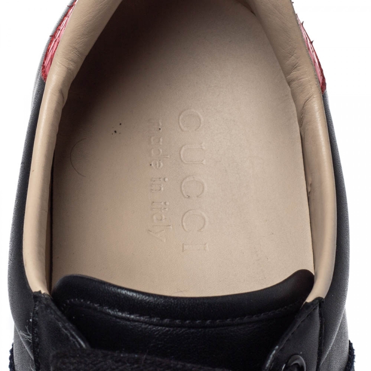Pre Owned Gucci Black Leather Ace Web Bee Low Top Lace Up Sneakers Size 40.5