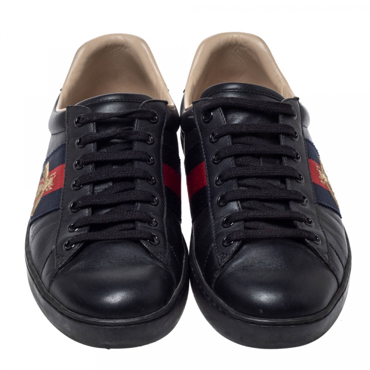 Pre Owned Gucci Black Leather Ace Web Bee Low Top Lace Up Sneakers Size 40.5