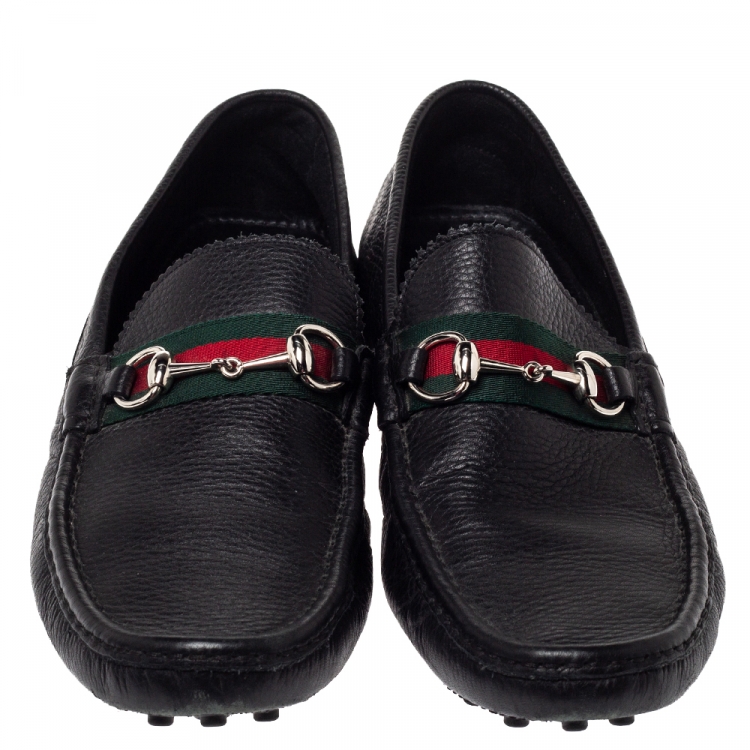 Pre Owned 500 By Gucci Black Leather Horsebit Web Detail Driver Loafers Size 45