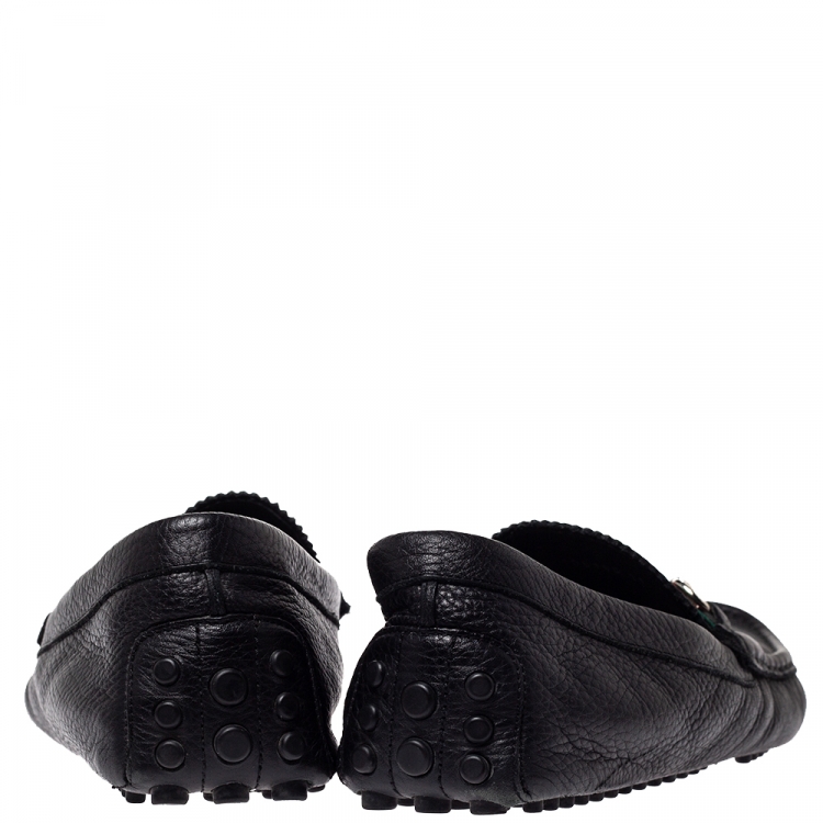 Pre Owned 500 By Gucci Black Leather Horsebit Web Detail Driver Loafers Size 45