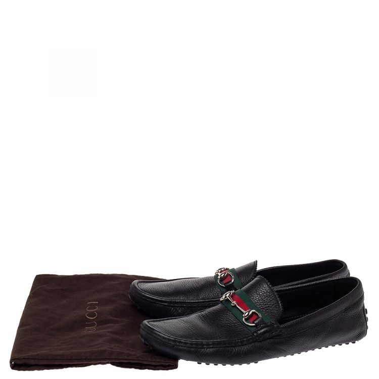 Pre Owned 500 By Gucci Black Leather Horsebit Web Detail Driver Loafers Size 45