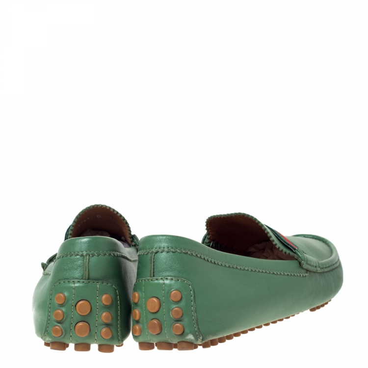 Pre Owned Gucci Green Leather Web Trim Loafers Size 45.5