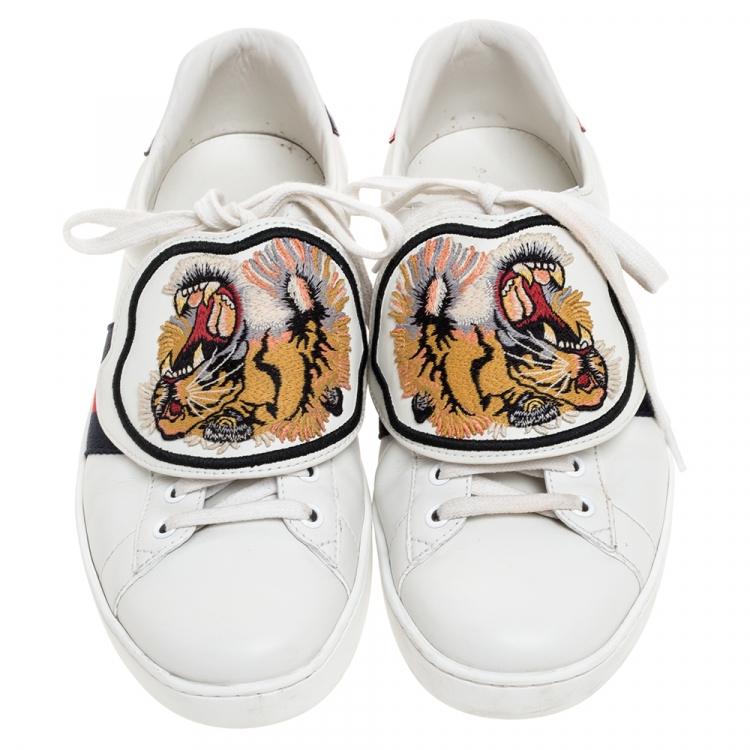 Pre Owned Gucci White Leather Ace Web Low Top Sneakers with Removable Patch Size 42
