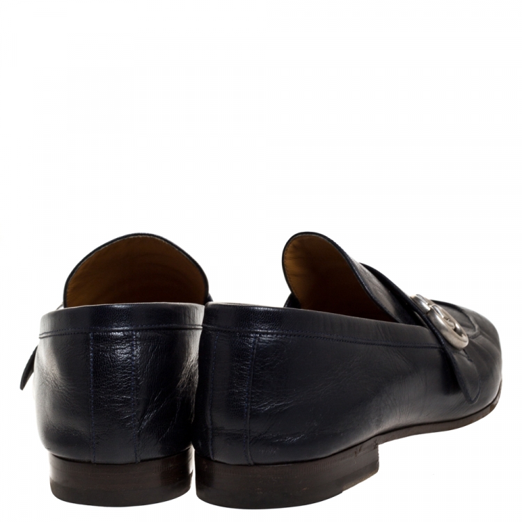 Pre Owned Gucci Blue Leather GG Logo Slip On Loafers Size 45