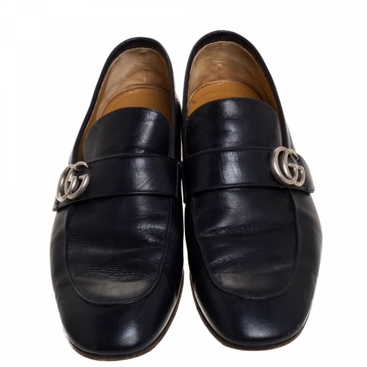 Pre Owned Gucci Blue Leather GG Logo Slip On Loafers Size 45