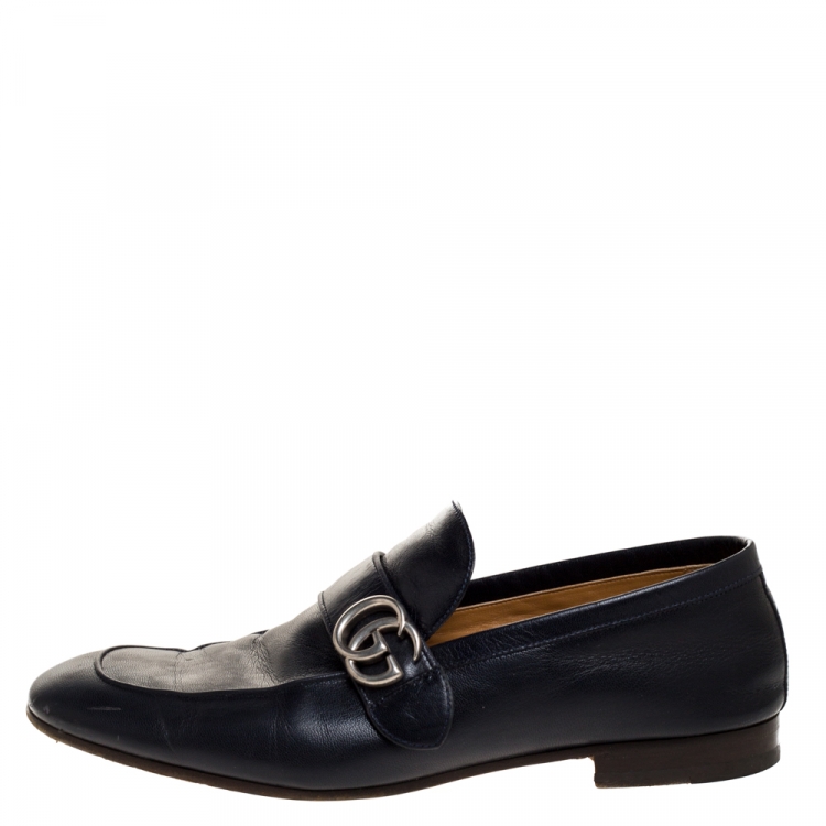 Pre Owned Gucci Blue Leather GG Logo Slip On Loafers Size 45