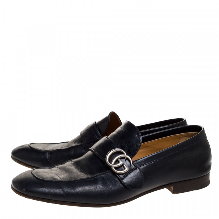 Pre Owned Gucci Blue Leather GG Logo Slip On Loafers Size 45
