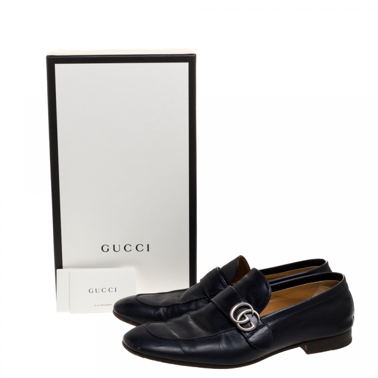Pre Owned Gucci Blue Leather GG Logo Slip On Loafers Size 45