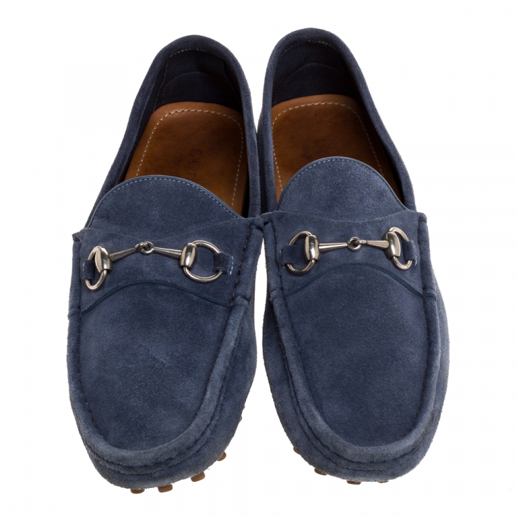Pre Owned Gucci Blue Suede Horsebit Loafers Size 44
