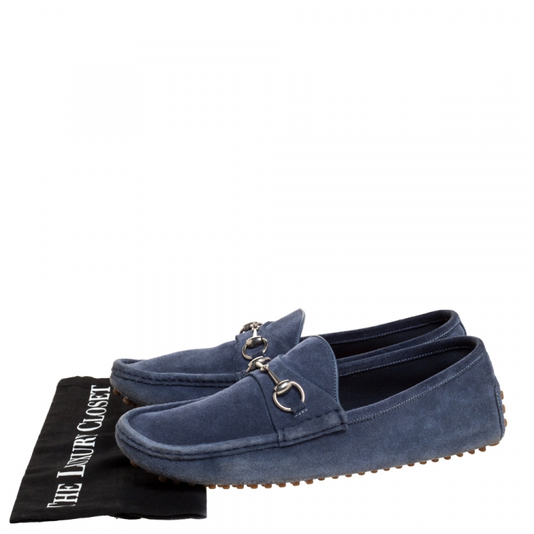 Pre Owned Gucci Blue Suede Horsebit Loafers Size 44