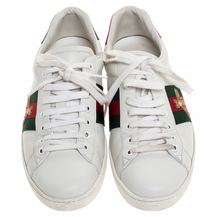 Pre Owned Gucci White Leather Ace Bee Web Detail Low Top Sneakers Size 42