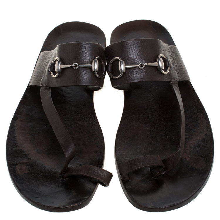 Pre Owned Gucci Brown Leather Horsebit Toe Ring Thong Slide Sandals Size 43.5