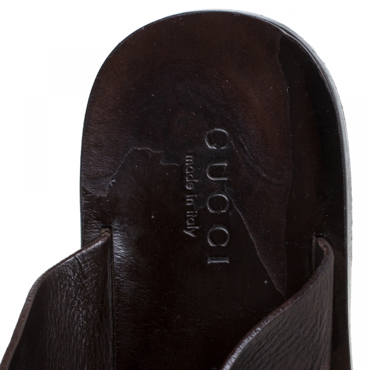 Pre Owned Gucci Brown Leather Horsebit Toe Ring Thong Slide Sandals Size 43.5