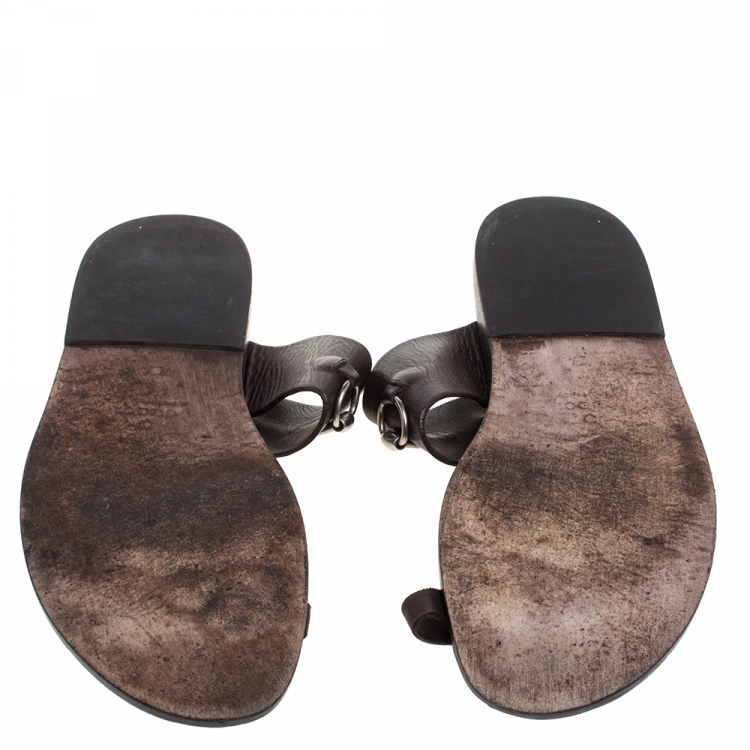 Pre Owned Gucci Brown Leather Horsebit Toe Ring Thong Slide Sandals Size 43.5