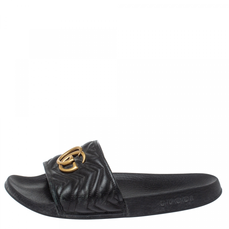 Gucci Black Leather GG Marmont Slide 