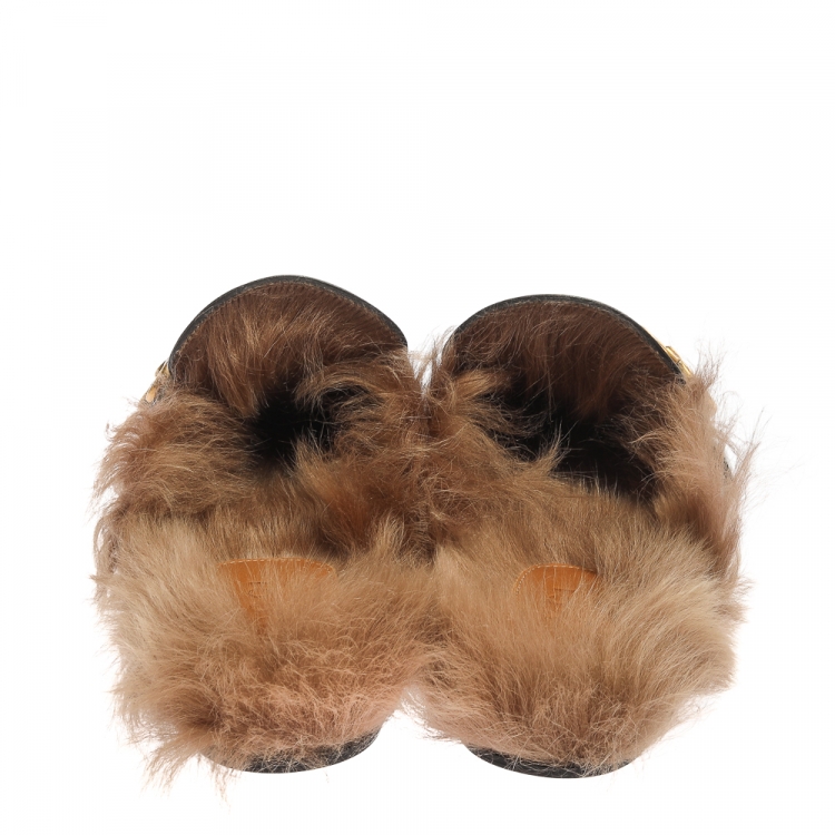 Pre Owned Gucci Black Leather and Fur Lined GG Web Princetown Mules Size 41.5