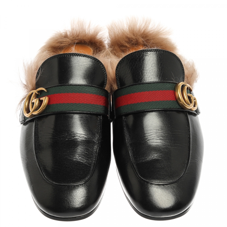 Pre Owned Gucci Black Leather and Fur Lined GG Web Princetown Mules Size 41.5
