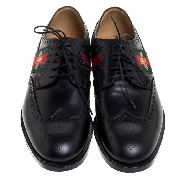 Pre Owned Gucci Black Brogue Leather Bee Web Detail Lace Up Derby Size 42