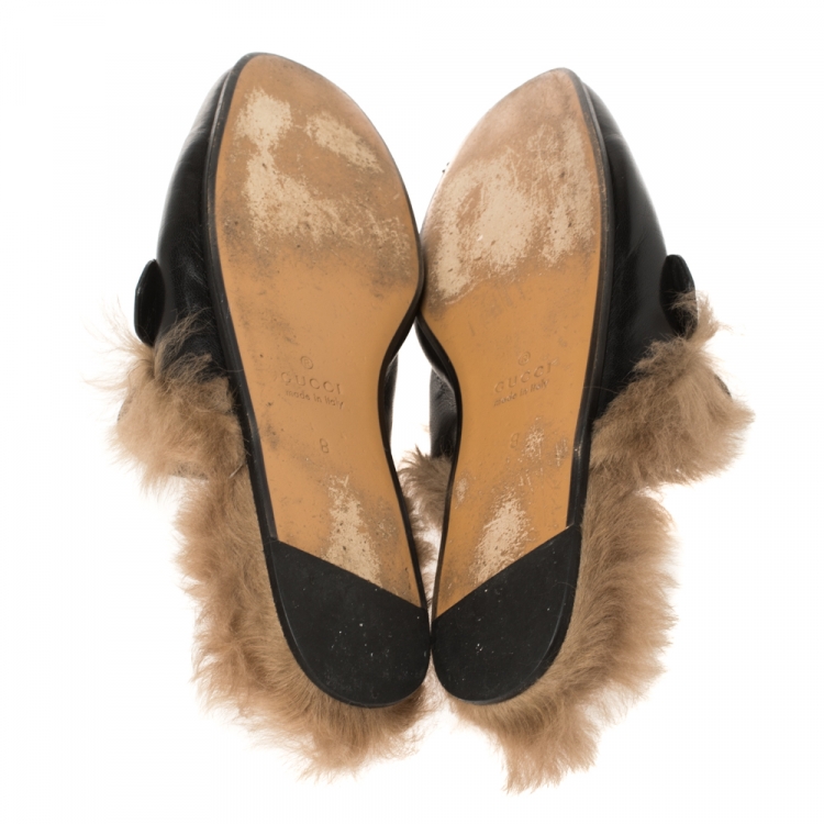 Pre Owned Gucci Black Leather and Fur Lined GG Web Princetown Mules Size 42