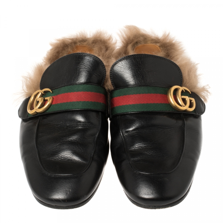 Pre Owned Gucci Black Leather and Fur Lined GG Web Princetown Mules Size 42