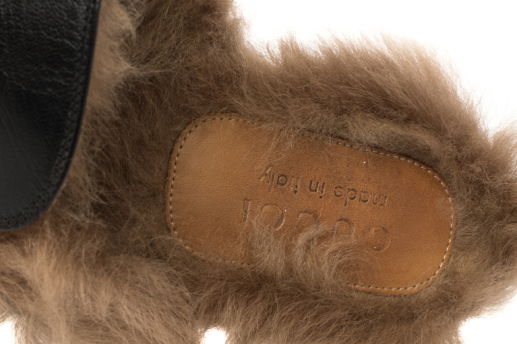 Pre Owned Gucci Black Leather and Fur Lined GG Web Princetown Mules Size 42