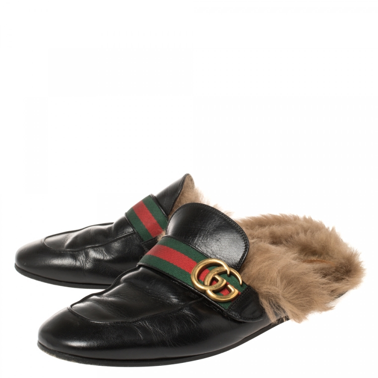 Pre Owned Gucci Black Leather and Fur Lined GG Web Princetown Mules Size 42