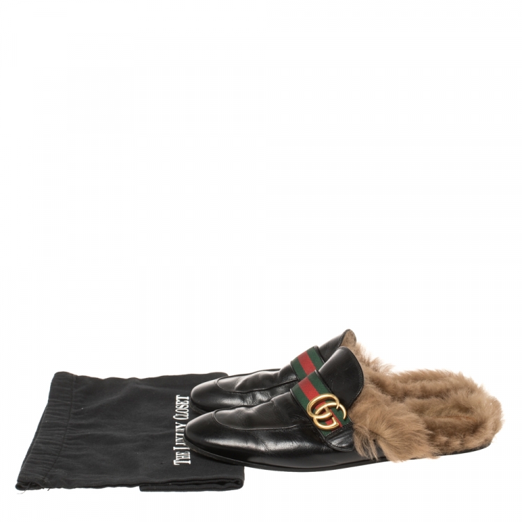 Pre Owned Gucci Black Leather and Fur Lined GG Web Princetown Mules Size 42