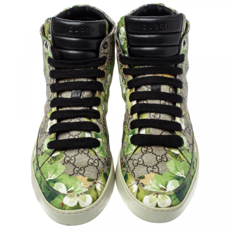 Pre Owned Gucci Beige/Green Blooms Printed GG Canvas High Top Sneakers Size 44