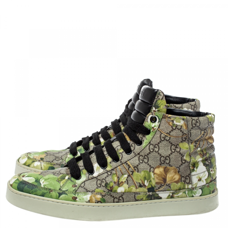 Pre Owned Gucci Beige/Green Blooms Printed GG Canvas High Top Sneakers Size 44