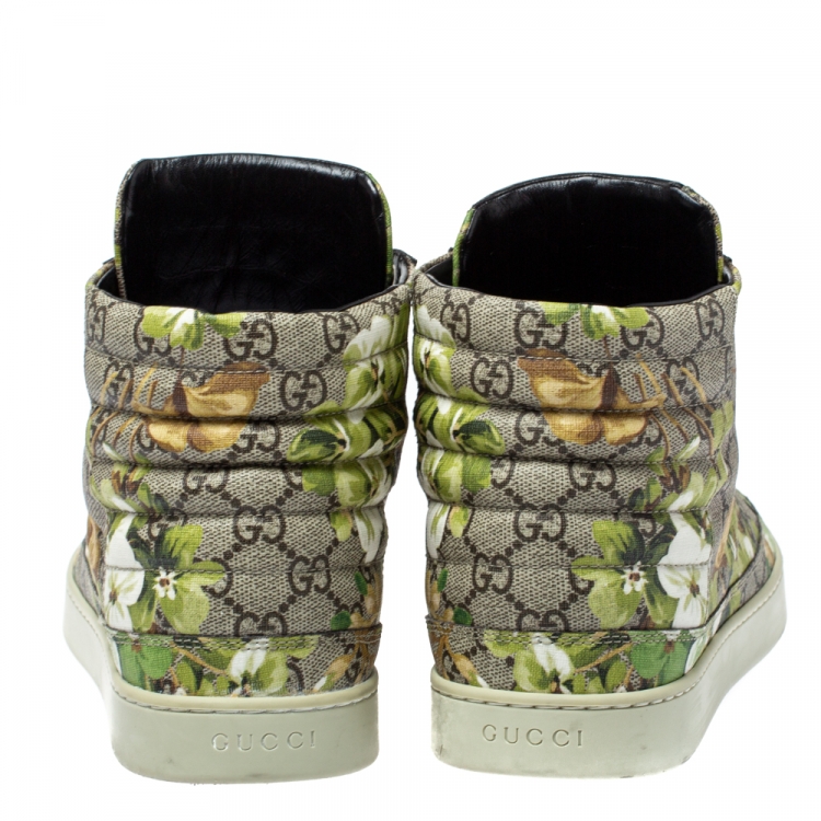 Pre Owned Gucci Beige/Green Blooms Printed GG Canvas High Top Sneakers Size 44