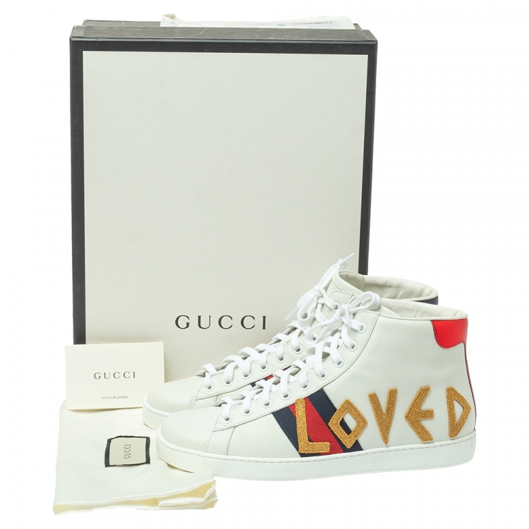 Pre Owned Gucci White Leather Ace Loved High-Top Sneakers Size 42.5