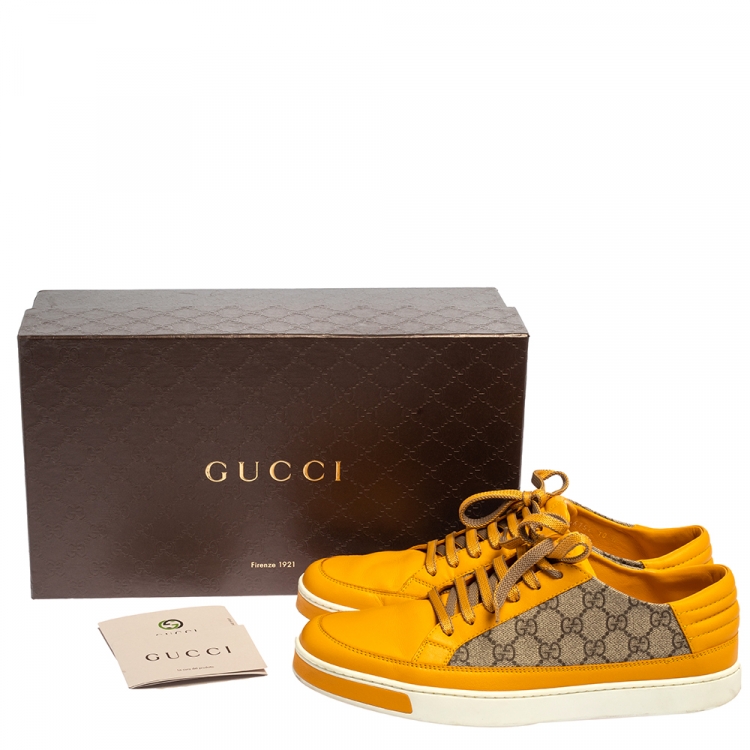 Pre Owned Gucci Yellow/Beige GG Canvas and Leather Low Top Sneakers Size 44