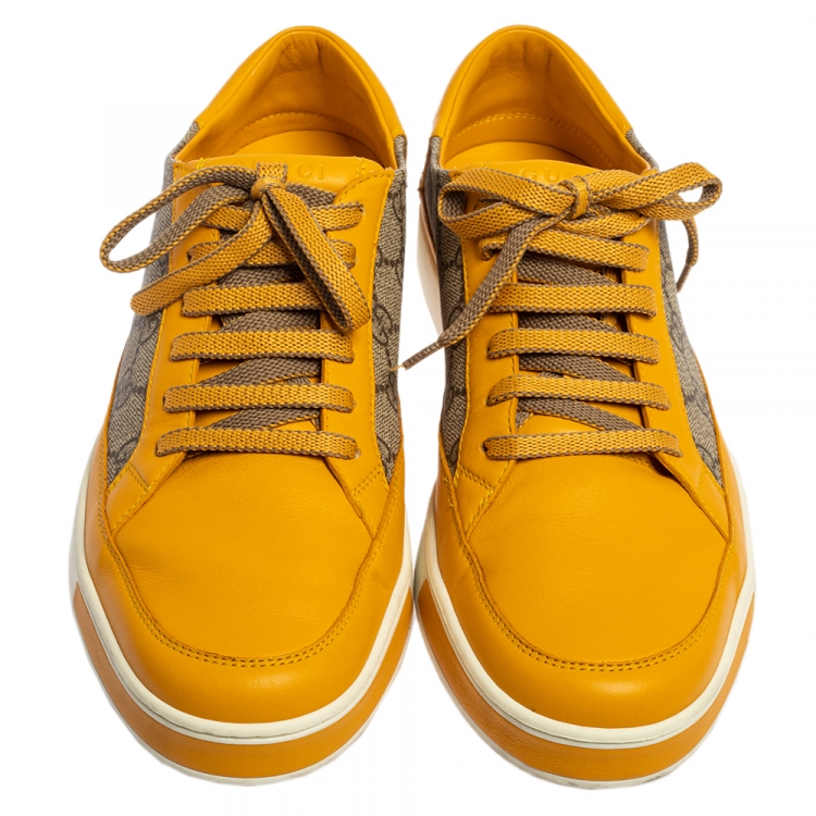 Pre Owned Gucci Yellow/Beige GG Canvas and Leather Low Top Sneakers Size 44
