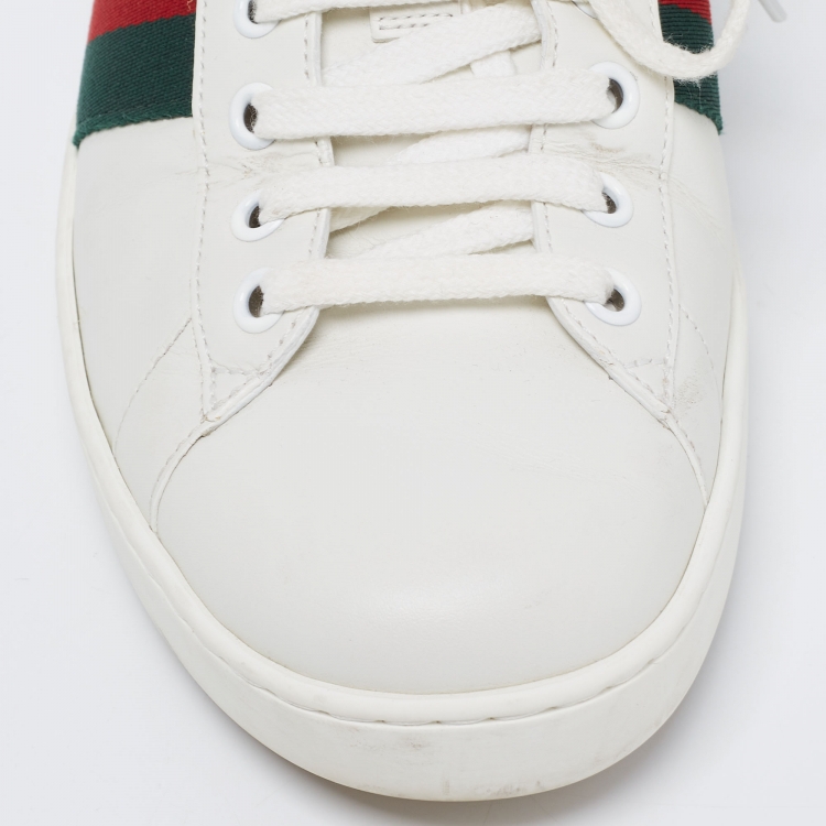 Pre Owned Gucci White Leather And Crocodile Ace Web Low Sneakers Size 41.5