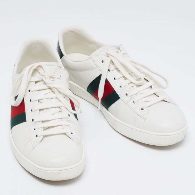 Pre Owned Gucci White Leather And Crocodile Ace Web Low Sneakers Size 41.5