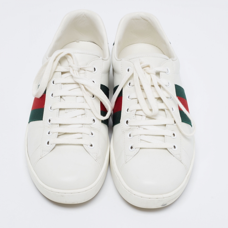 Pre Owned Gucci White Leather And Crocodile Ace Web Low Sneakers Size 41.5