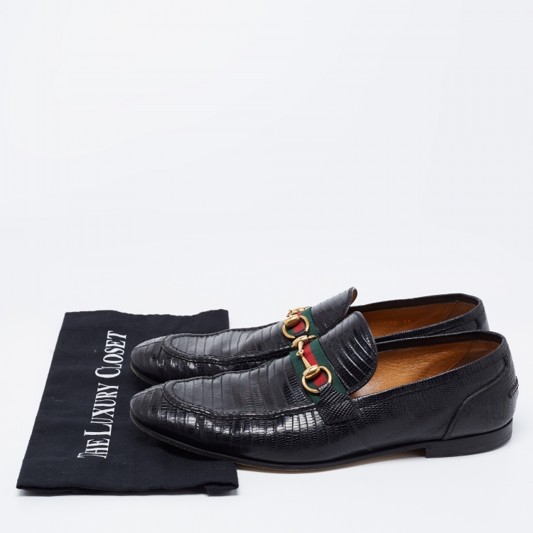 Pre Owned Gucci Black  Lizard Embossed  Horsebit Loafers Size 44
