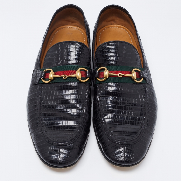Pre Owned Gucci Black  Lizard Embossed  Horsebit Loafers Size 44