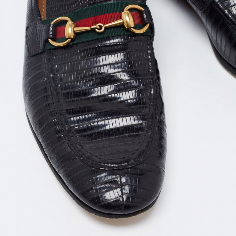 Pre Owned Gucci Black  Lizard Embossed  Horsebit Loafers Size 44
