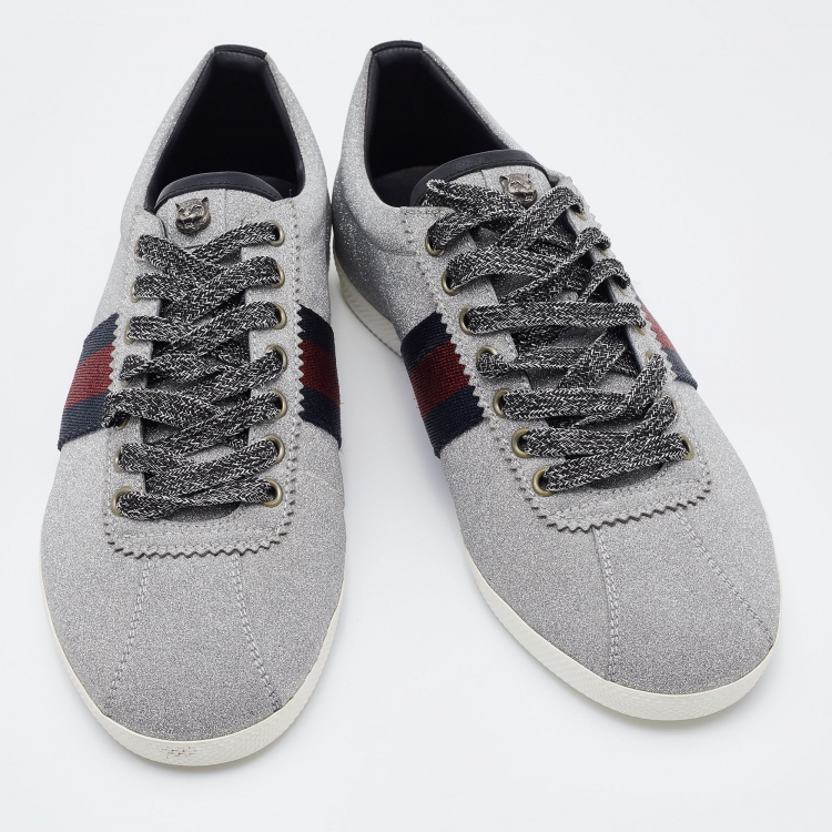 Pre Owned Gucci Silver Glitter Bambi Web Detail Studded Low Top Sneakers Size 41