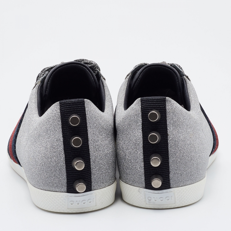 Pre Owned Gucci Silver Glitter Bambi Web Detail Studded Low Top Sneakers Size 41