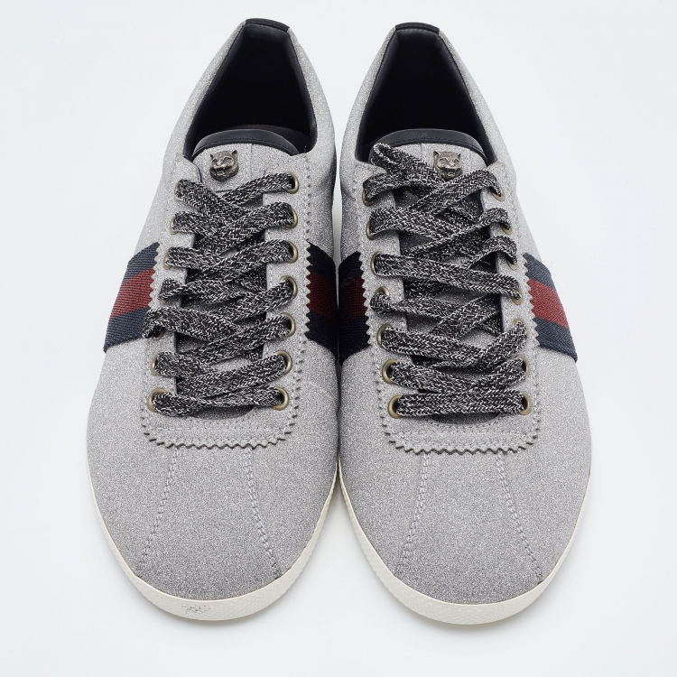 Pre Owned Gucci Silver Glitter Bambi Web Detail Studded Low Top Sneakers Size 41