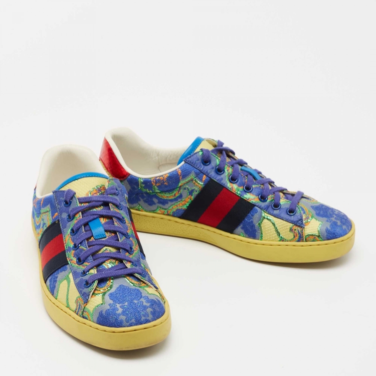 Pre Owned Gucci Multicolor Brocade Fabric Printed Ace Sneakers Size 40.5