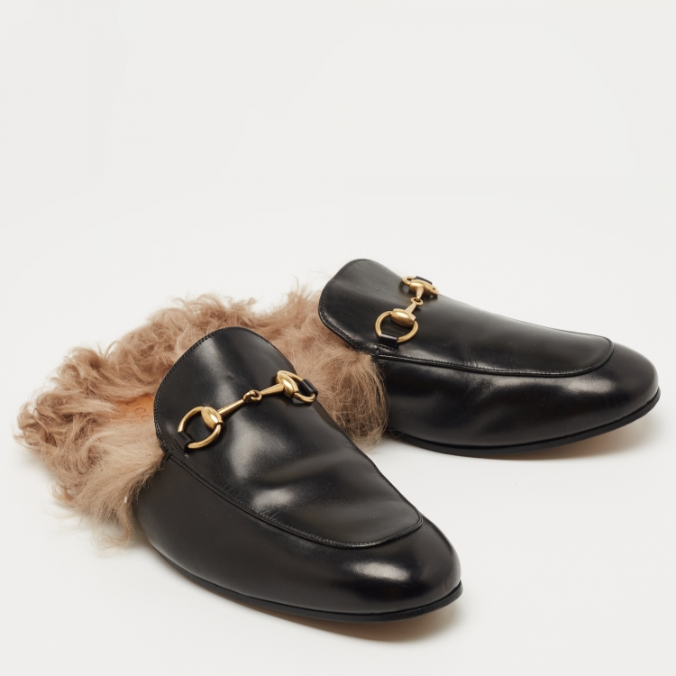 Pre Owned Gucci Black Leather and Fur Princetown Mules Size 44 