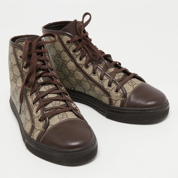 مملوكة مسبقًا Gucci Brown/Grey GG Supreme Canvas and Leather Cap Toe High Top Sneakers Size 40.5