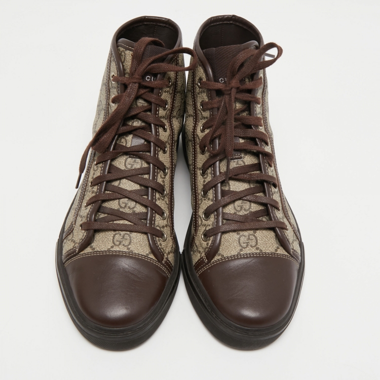 مملوكة مسبقًا Gucci Brown/Grey GG Supreme Canvas and Leather Cap Toe High Top Sneakers Size 40.5