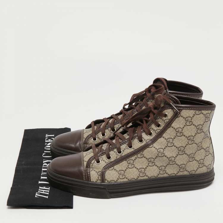 مملوكة مسبقًا Gucci Brown/Grey GG Supreme Canvas and Leather Cap Toe High Top Sneakers Size 40.5