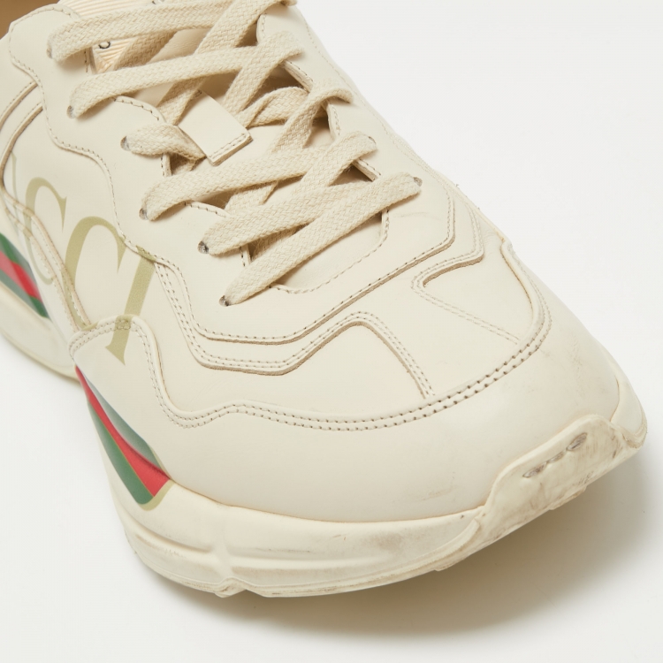 Pre Owned Gucci Cream Leather Rhyton Lace Up Sneakers Size 43 